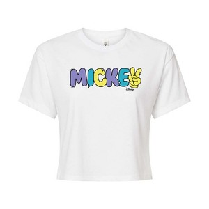 Women's - Disney - Mickey Multicolor Hand Peace Sign Cropped Graphic T-Shirt - 1 of 4