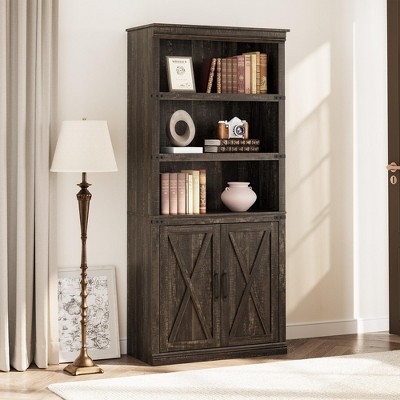 Farmhouse Bookcases with Doors, 5 Tier Bookshelf with Storage, 70 inch Tall Bookshelf and Bookcase
