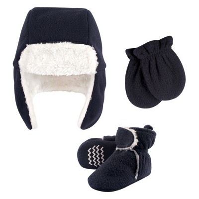 Hudson Baby Infant Boy Trapper Hat, Mitten and Bootie Set, Navy, 0-6 Months