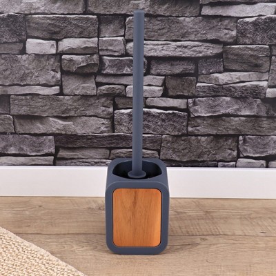 Evideco French Home Goods Toilet Brush and Holder Gray Rubber and Acacia