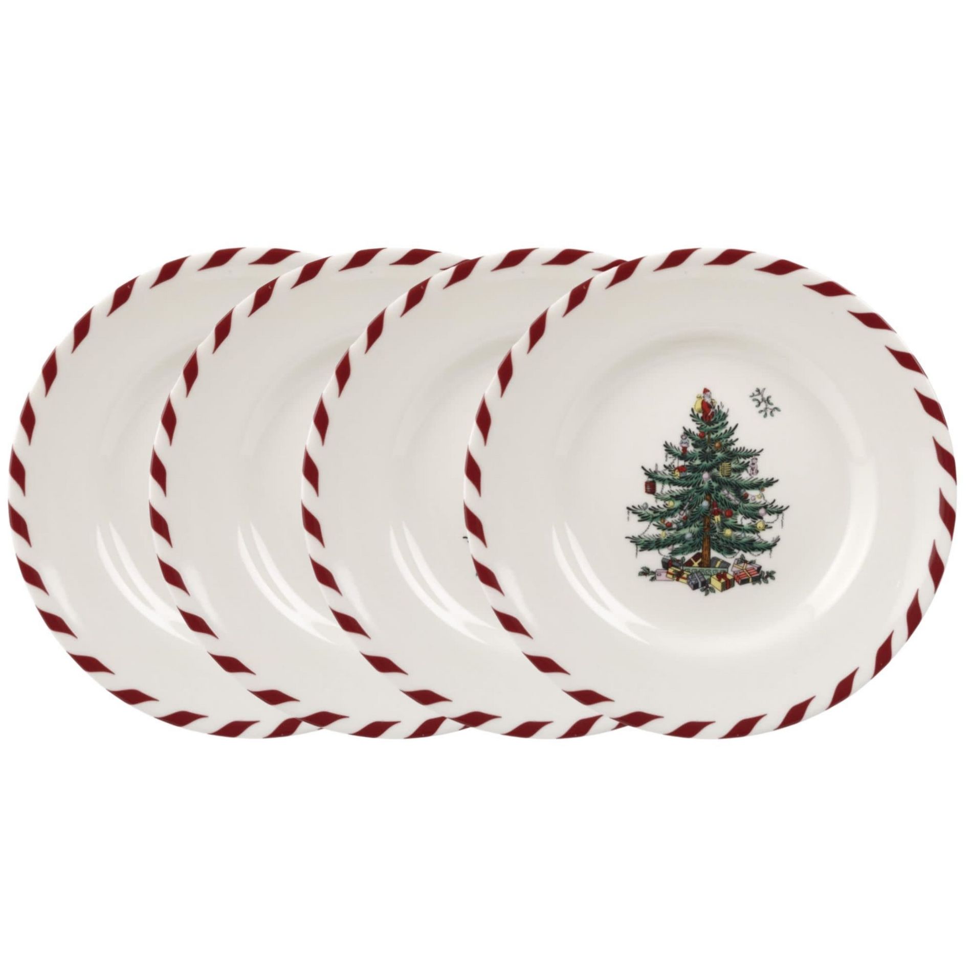 Spode Christmas Tree Canape Plates - Set of 4, Peppermint Design, Holiday Appetizer Plate, Christmas Serving & Festive Dish, Holiday Tableware