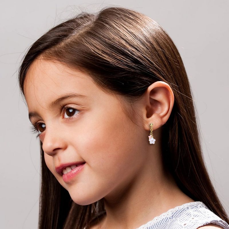14k Yellow Gold Plated Drop Earrings with Two flowers having white and pink enamel for Kids, 2 of 3