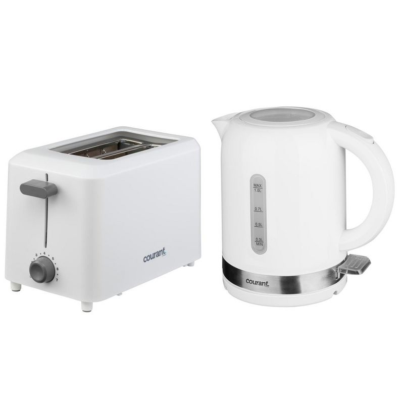 Courant 1 Liter Cordless Electronic Kettle with Cool Touch 2-Slice 750-Watts Toaster, White, 1 of 6