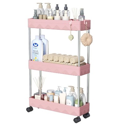 LunaLulinlk 3 Tier Slim Rolling Storage Cart, Slim Cart Kitchen Storage Organizer Rolling Utility/ Mobile Shelving Unit Slide Out Storage Cart, Pink