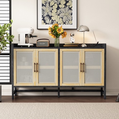 60"W 4-Door Rustic Sideboard Storage Cabinet with Decorative Rattan Doors, Adjustable Shelves and Adjustable Foot Pads-ModernLuxe - image 1 of 4