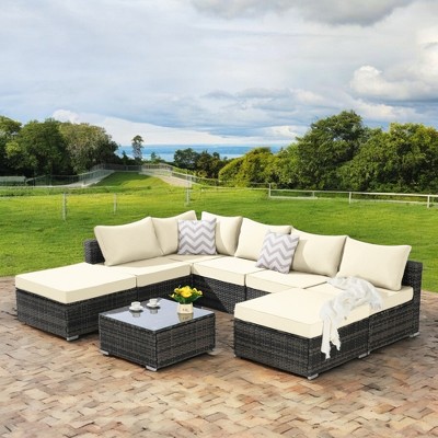 Mshliw 8-Piece Outdoor Wicker Sectional Sofa Set with Cushions & Coffee Table –  Patio Furniture for Backyard, Poolside, and Garden
