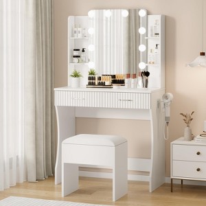 Makeup Vanity Desk with Mirror and 12 LED Lights, Vanity Table with Power Outlet, 2 Drawers 6 Shelves, - 1 of 4