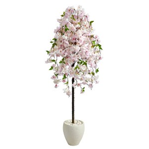 Nearly Natural 70-in Cherry Blossom Artificial Tree in White Planter - 1 of 4
