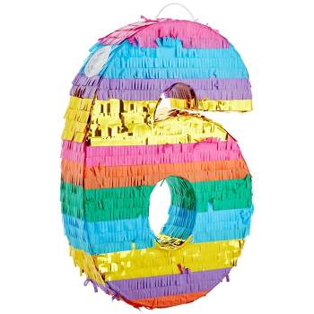 Blue Panda Striped Number 6 Rainbow Pinata for Kids 6-Year-Old Birthday Party Decorations and Supplies, Fiesta, Anniversary, Small, 11.3x16.5x3 In