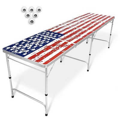 GoPong GP-8-America 8 Foot Portable Folding Aluminum Pong Tailgate Drinking Party Game Table with 6 Balls, American Flag