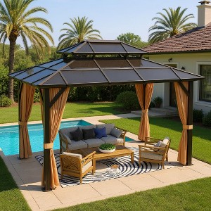 10X13FT Outdoor Hardtop Gazebo with Aluminum Frame, Heavy-Duty Double Roof Polycarbonate Gazebo Including Mesh Netting and Sunshade Curtains - 1 of 4