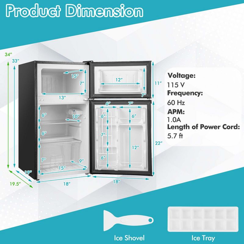 Costway Compact Refrigerator, 3.2 Cu.Ft. Fridge Freezer Compartment with Reversible 2 Door Black, 3 of 11