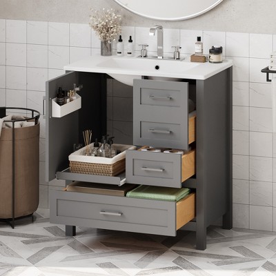 30 Inch Bathroom Vanities With Ceramic Sink Combo, Bathroom Sink Cabinet With 3 Drawers And 1 Door