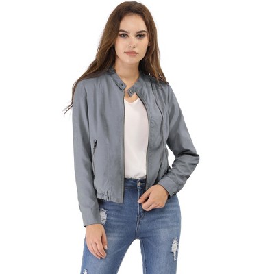 Allegra K Women's Stand Collar Zip Up Biker Lightweight Moto Jacket Grey  Medium