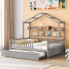 GustoWave 77.6'' x 57.8'' Wooden House Bed Frame with Trundle, Full Size Wood Playhouse Bed Frame with Roof Design & Storage Shelves, Gray - 3 of 4