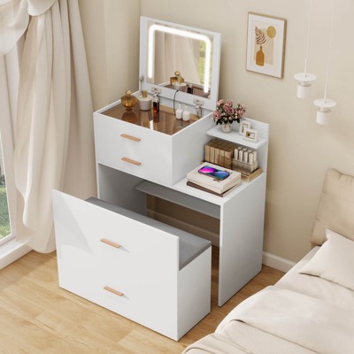 Vanity Desk with Flip Top Mirror and Lights White