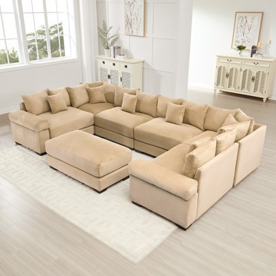 Aukfa 4-Seater Oversized Cloud Modular Sectional Sofa with Ottoman, Corduroy Fabric, Extra-Thick Armrests,  Easy Assembly, Ergonomic，Camel