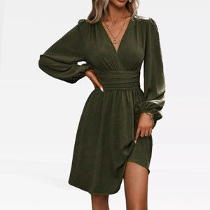 Womens V Neck Fall Dress Long Lantern Sleeve Surplice Dress Hide Belly Ruched Wasit Midi Smocked Dress Elegant Flowy Dress - 1 of 4