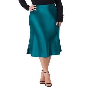 Agnes Orinda Women's Plus Size Silky Satin High Waist Hidden Elasticized Waistband Flared Casual Midi A-Line Skirts - 1 of 4