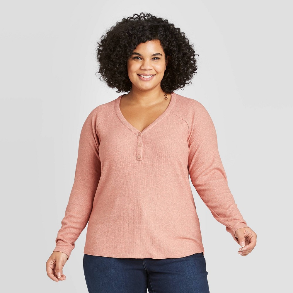 Women's Plus Size Long Sleeve Henley Neck Cozy Rib Shirt - Universal Thread Pink 3X, Women's, Size: 3XL was $17.99 now $12.59 (30.0% off)