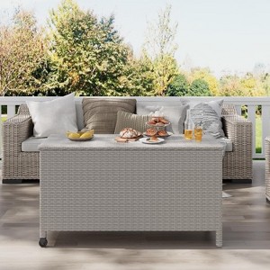 80 Gallon Outdoor Rattan Deck Box with Wheels, Waterproof Wicker Storage Box for Patio Cushions, Garden Tools, Pool Accessories, Brown - 1 of 4
