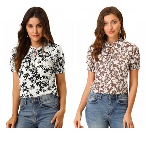 INSPIRE CHIC Women's Ruffle Tie V-Neck Casual Smocked Short Sleeve Floral Top 2 Packs - 1 of 4