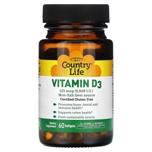Country Life Vitamin D3, 125 mcg (5,000 IU), 60 Softgels - 1 of 2