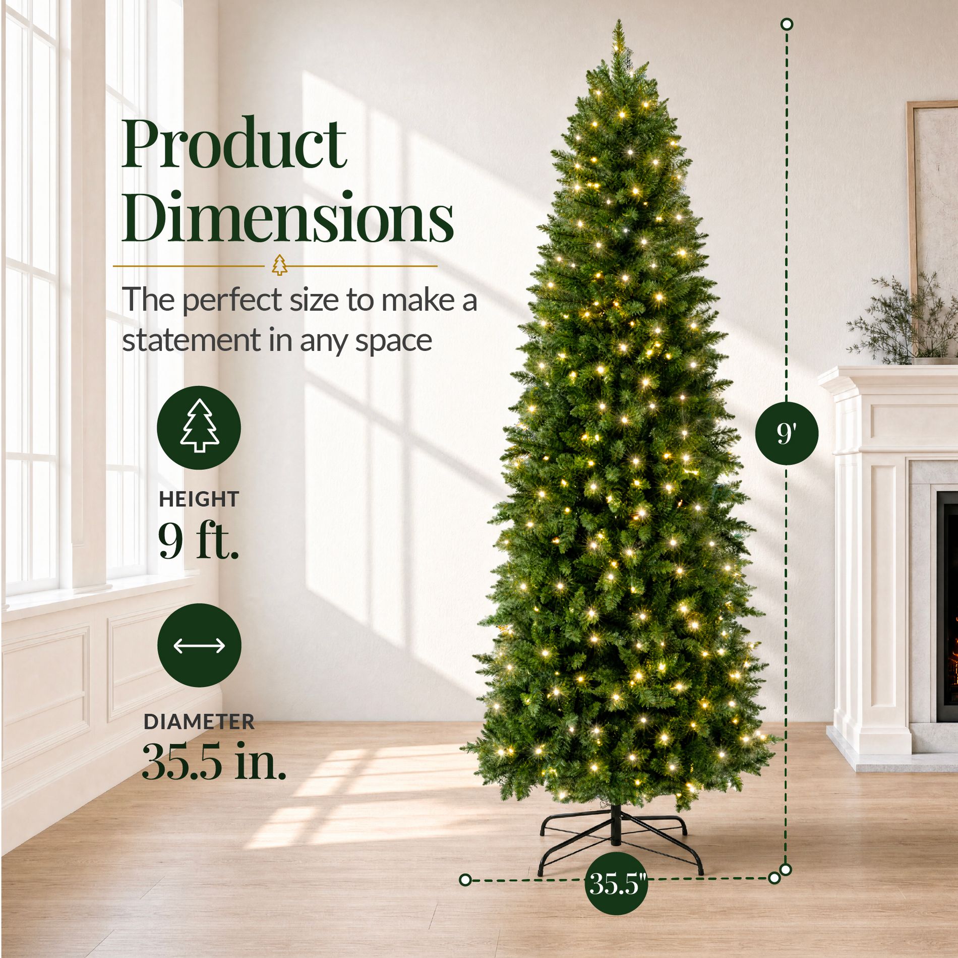 Best Choice Products 9ft Artificial Pencil Christmas Tree with Viral Twinkling Lights, Pre-Lit Spruce, 450 Lights