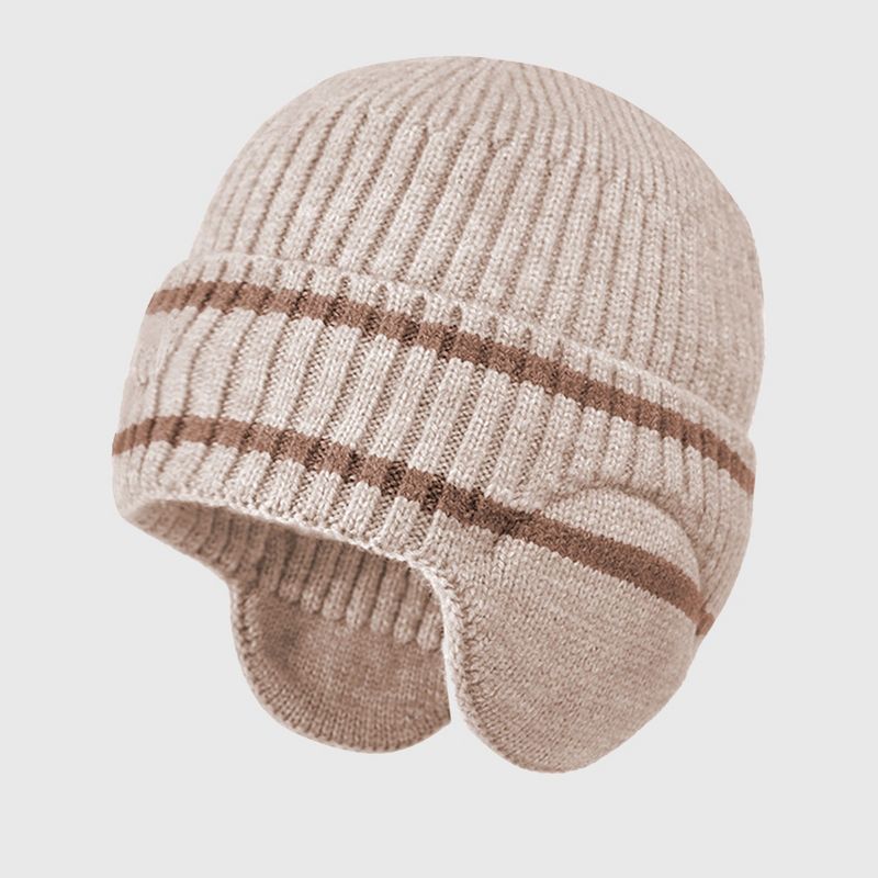 Anna-Kaci Women's Striped Knit Beanie with Ear Flaps - Winter Warm Hat - Beige