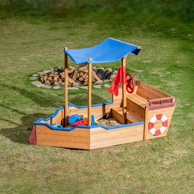 VYNXARIA Pirate Ship Sandbox with Cover and Rudder, Wooden Sandbox with Storage Bench and Seat, Outdoor Toy for Kids Ages 3-8 Years Old