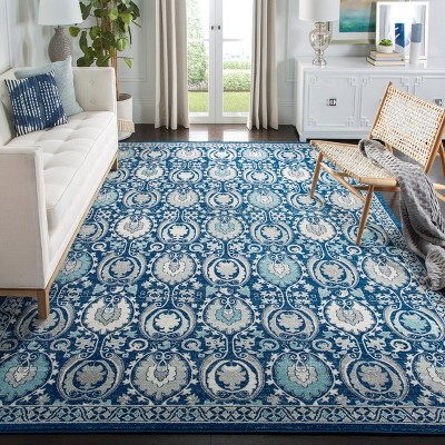 Blue and Ivory Floral High Pile Synthetic Area Rug 8' x 10'