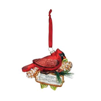 DEMDACO Blown Glass Cardinal Merry Christmas Ornament 4x5 inch - Red