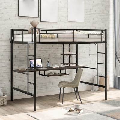 Full Size Metal Loft Bed with Desk, Loft Bed Frame with Ladder and Storage Shelves, Platform Bed for Bedroom Living Room, No Box Spring Needed 78.1"