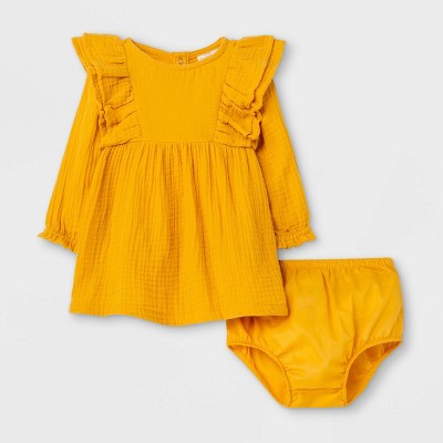 Image of Baby Girls' Gauze Long Sleeve Dress - Cat & Jack™ Yellow 0-3M