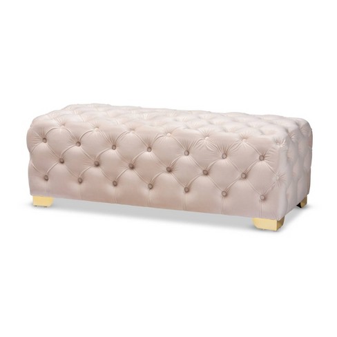 Avara Velvet Button Tufted Bench Ottoman Beige Baxton Studio