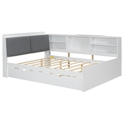 Bellemave Full Corner Bed Frame, Captains Bed, Wood Full Size Daybed with L-Shaped Bookcase and Trundle，Full Daybeds with Storage Cabinets,White