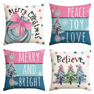 Merry Christmas Trees Balls Peace Joy Love Throw Pillow Covers, 18 x 18 Inch Merry and Bright Believe Pink Blue - 1 of 4
