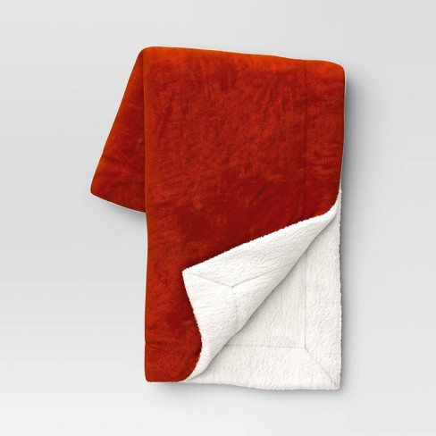 Solid Printed Plush with Shearling Reverse Throw Blanket Orange Threshold