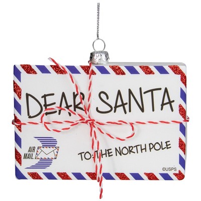 Northlight 3.5" White Envelope  "USPS Dear Santa" With Stripes Glass Christmas Ornament