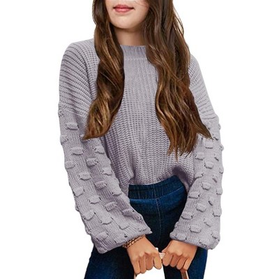 Girls Pullover Sweater Cable Knit Soft Comfy Sweater for Girls Crew Neck Sweater Puff Sleeve Ribbed Knit Cuff