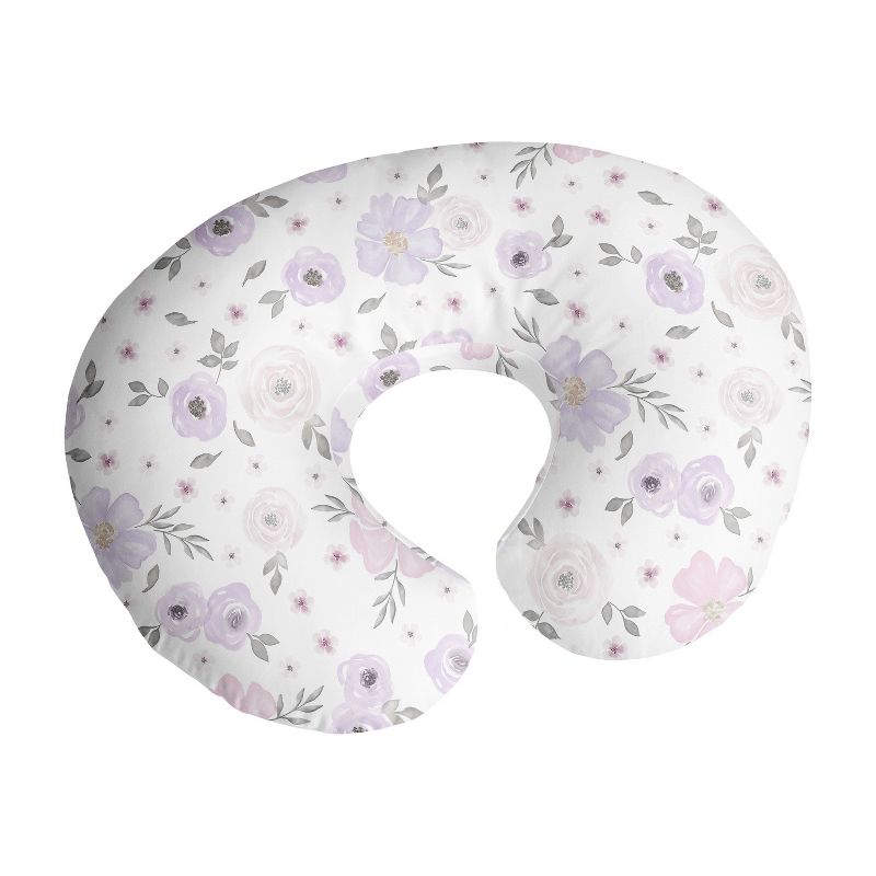 Sweet Jojo Designs Girl Support Nursing Pillow Cover (Pillow Not Included) Watercolor Floral Purple Grey and Pink, 1 of 6