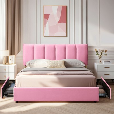 VECELO Upholstered Bed Frame with 1/4 Drawers and Adjustable Headboard, Twin/Full/Queen/King Platform Bed