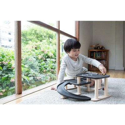 Black and Natural Multi-Level Wooden Parking Garage Playset