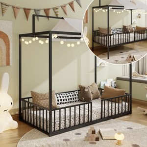 Twin/Full Size 3-in-1 Convertible Montessori Metal Floor Bed, Fenced Toddler Bed, Canopy Platform Bed - ModernLuxe - 1 of 4