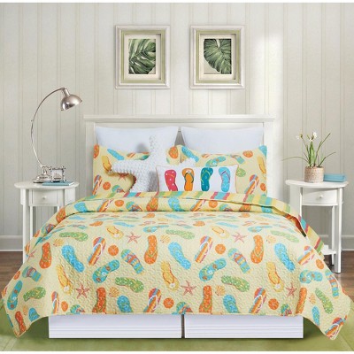 Sunny Splash Full Microfiber Reversible Quilt Set in Blue and Yellow