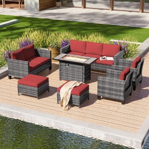 Sonkuki 7 Pieces Patio Sofa with Rectangle Fire Pit Table and Ottomans, Wicker Conversation Couch, Navy Blue Cushion - 1 of 4