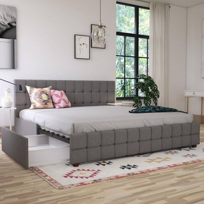 King-Size Gray Linen Upholstered Storage Bed with Tufted Design & 4 Drawers
