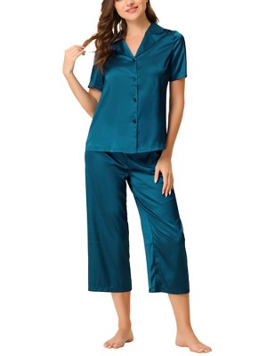 CLZOUD Women Satin Pajamas Set Short Sleeve Capri Sleepwear Button