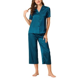 cheibear Women's Soft Satin Button Down with Capri Pants Lounge Pajama Set - 1 of 4