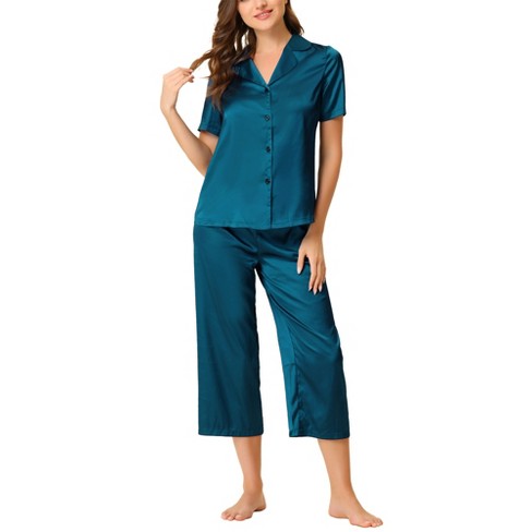 cheibear Womens Pajama Sleepwear Button Down with Capri Pants Satin Lounge  Pjs Set Peacock Blue Small